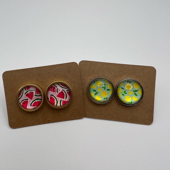 Classic Round  Fruit Stud Earring Set - Lemon and Watermelon Stud Earrings - Picture 10 of 14